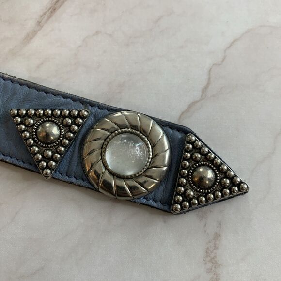 Vtg Leatherock Blue Leather Western Belt Silver Tone Concho Studded Buckle Large